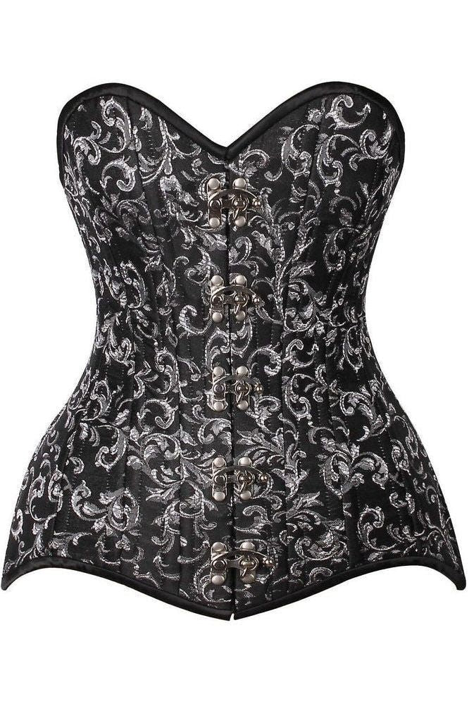 Top Drawer CURVY Black/Silver Brocade Double Steel Boned Overbust Corset (Size: XSmall)