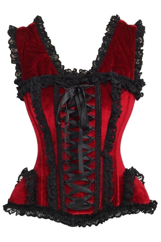 LIMITED EDITION Top Drawer Dark Red Velvet & Lace Steel Boned Corset w/Cap Sleeves (Size: Small)