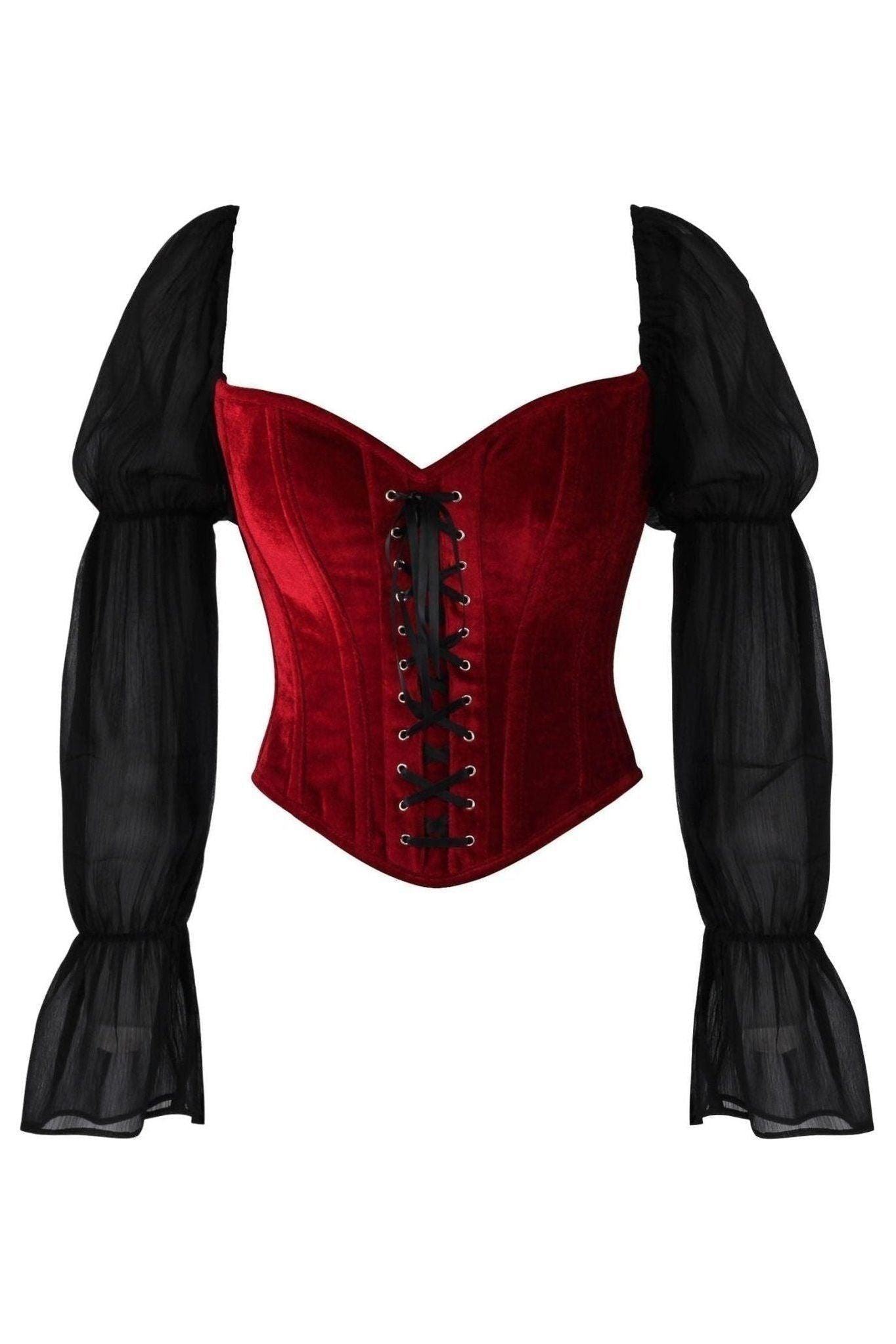 LIMITED EDITION Top Drawer Dark Red Velvet Steel Boned Corset w/Sleeves (Size: XSmall)