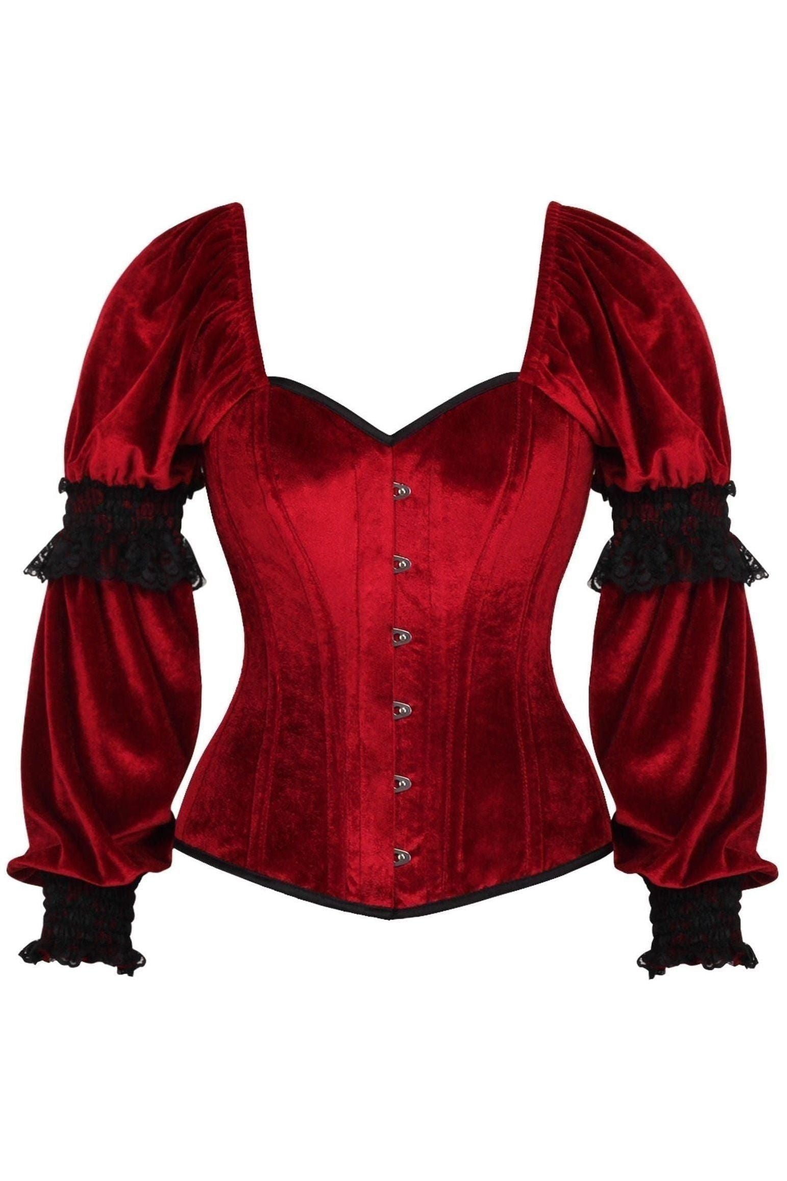 LIMITED EDITION Top Drawer Dark Red Velvet Steel Boned Long Sleeve Corset (Size: Small)