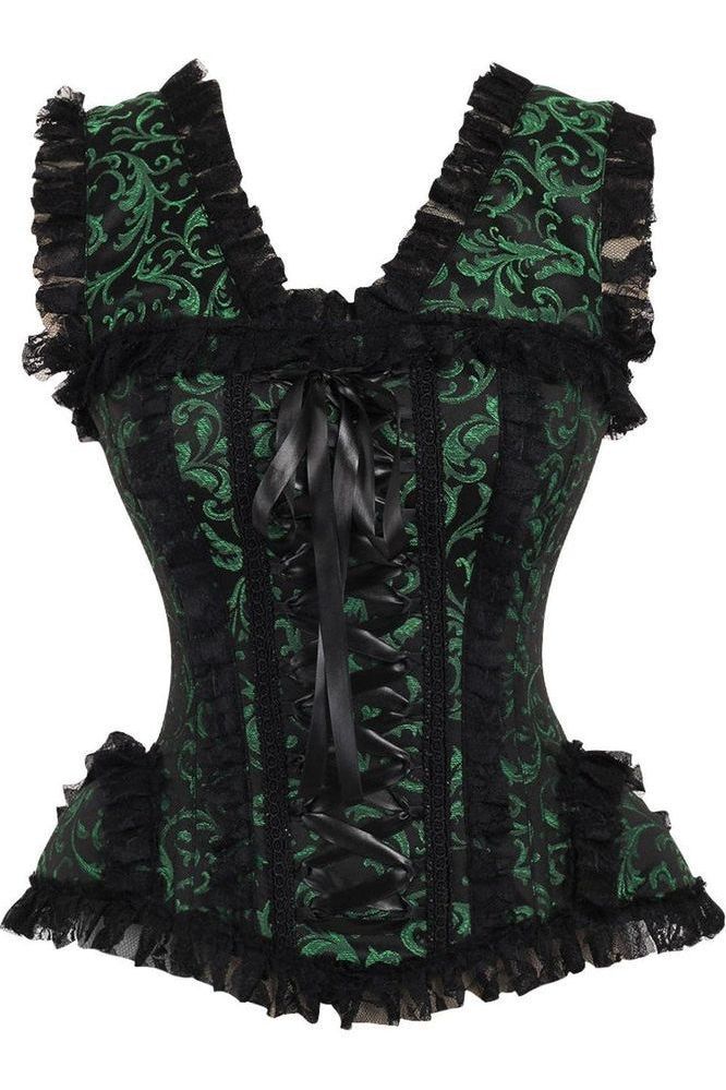 LIMITED EDITION Top Drawer Green/Black Swirl Brocade & Lace Steel Boned Corset w/Cap Sleeves (Size: Small)