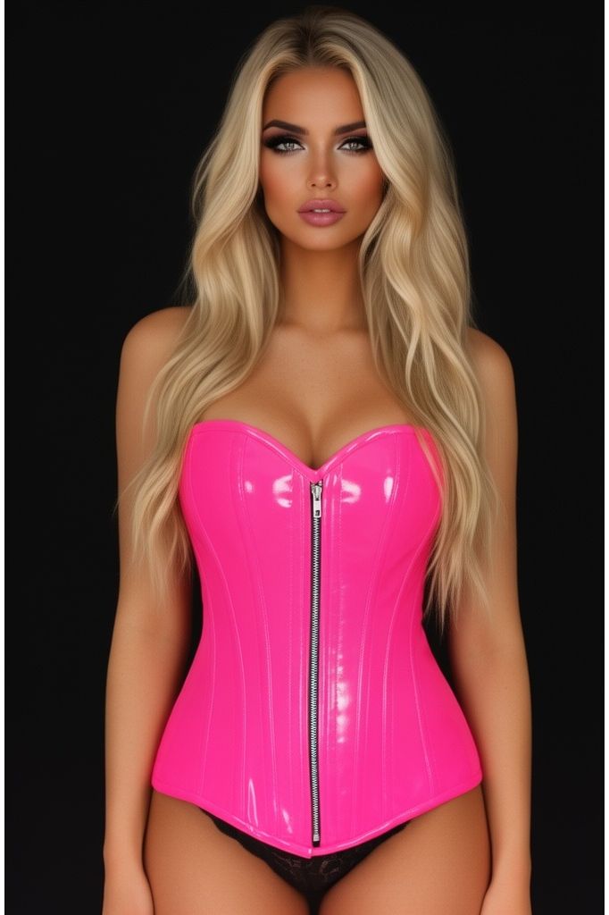 Top Drawer Hot Pink Patent PVC Steel Boned Over Bust Corset (Size: Small)