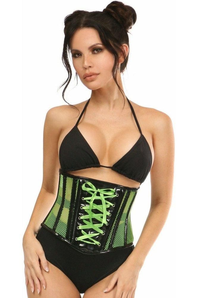 Top Drawer Neon Green Patent & Fishnet Underbust Corset (Size: Small)