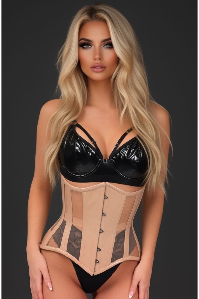 Top Drawer Nude Patent & Mesh Steel Boned Under Bust Corset (Size: Small)