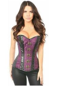 Top Drawer Plum Brocade & Faux Leather Steel Boned Corset (Size: Small)