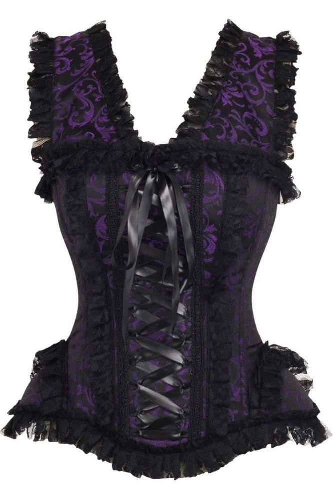 LIMITED EDITION Top Drawer Purple/Black Swirl Brocade & Lace Steel Boned Corset w/Cap Sleeves (Size: Small)
