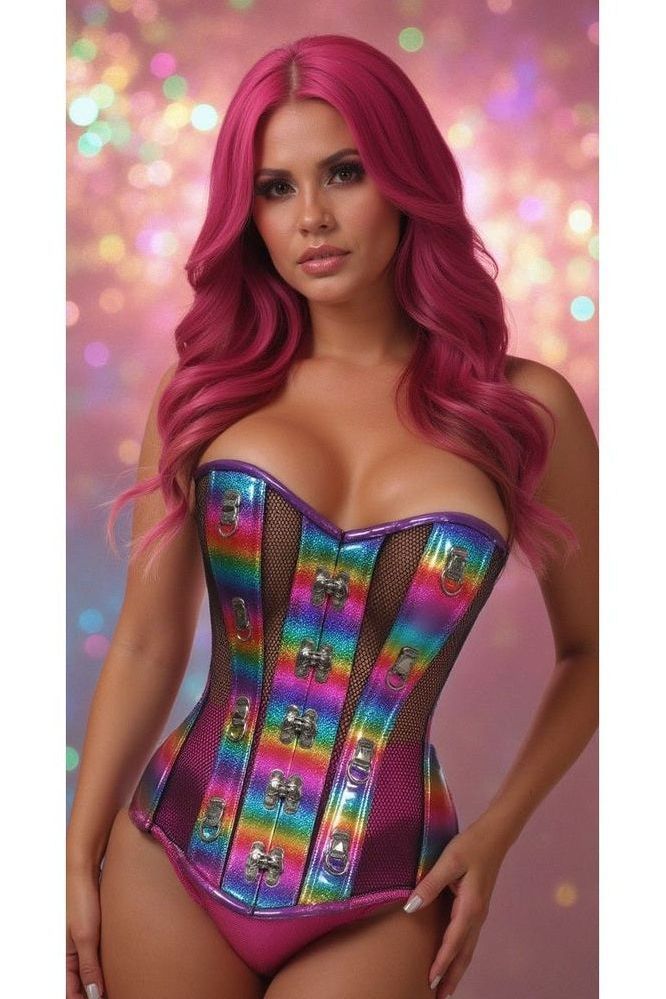 Top Drawer Rainbow Glitter PVC & Black Fishnet Steel Boned Over Bust Corset (Size: Small)