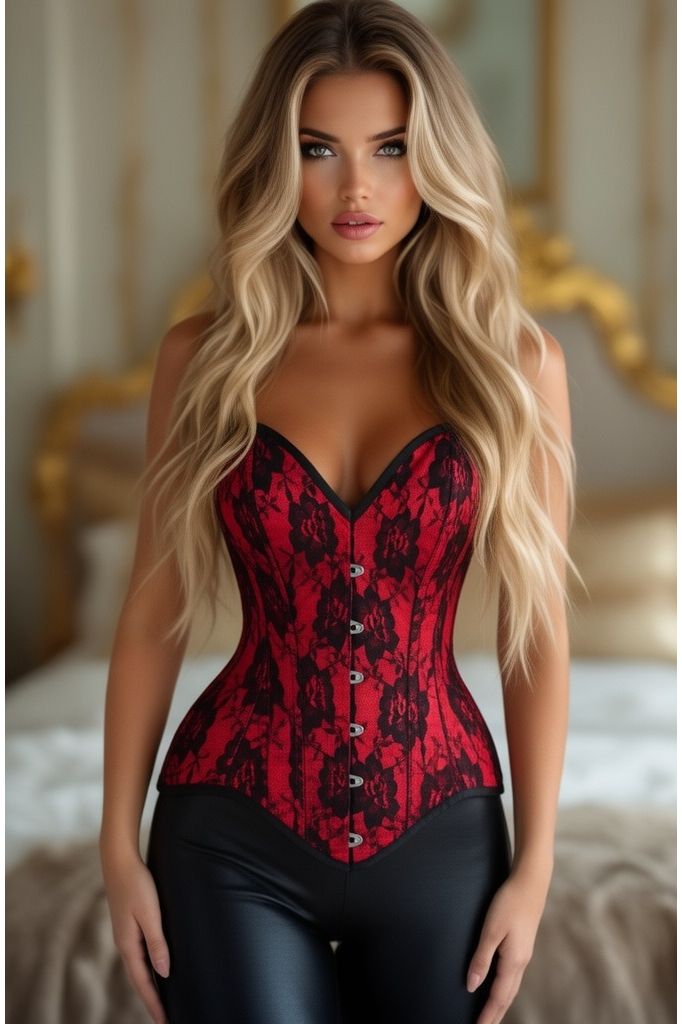 Top Drawer Red Satin w/Black Lace Overlay Steel Boned Overbust Corset (Size: Small)