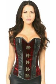 Top Drawer Red Velvet & Faux Leather Steel Boned Corset (Size: Small)