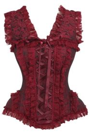 LIMITED EDITION Top Drawer Red/Black Brocade & Lace Steel Boned Corset w/Cap Sleeves (Size: Small)