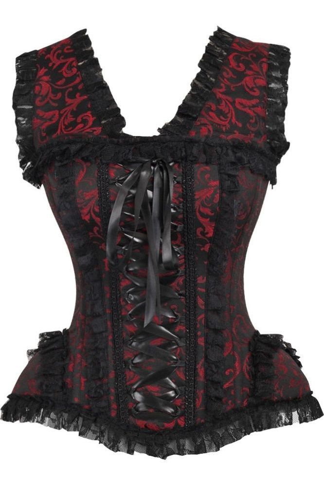 LIMITED EDITION Top Drawer Red/Black Swirl Brocade & Lace Steel Boned Corset w/Cap Sleeves (Size: Small)