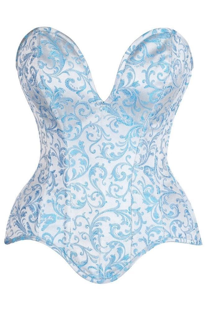 LIMITED EDITION Top Drawer Steel Boned Blue Brocade Plunge Overbust Corset Top (Size: XSmall)