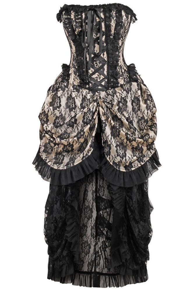 LIMITED EDITION Top Drawer Steel Boned Cream w/Black Lace Bustle Corset Dress (Size: Small)