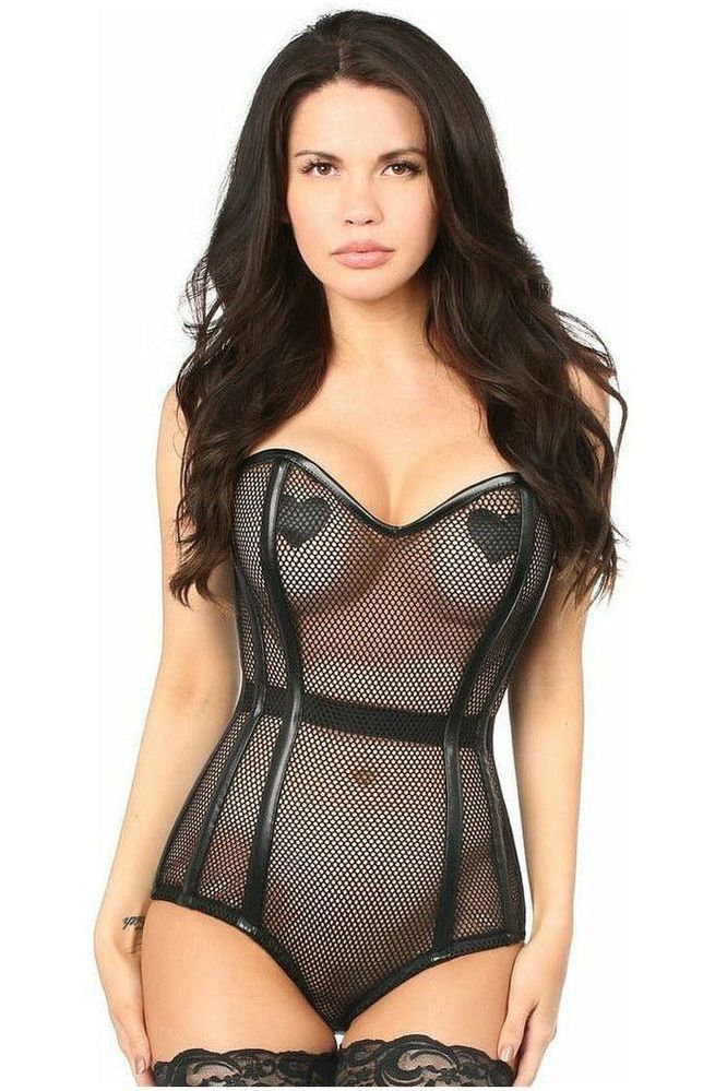 Top Drawer Steel Boned Fishnet Corseted Bodysuit (Size: Small)