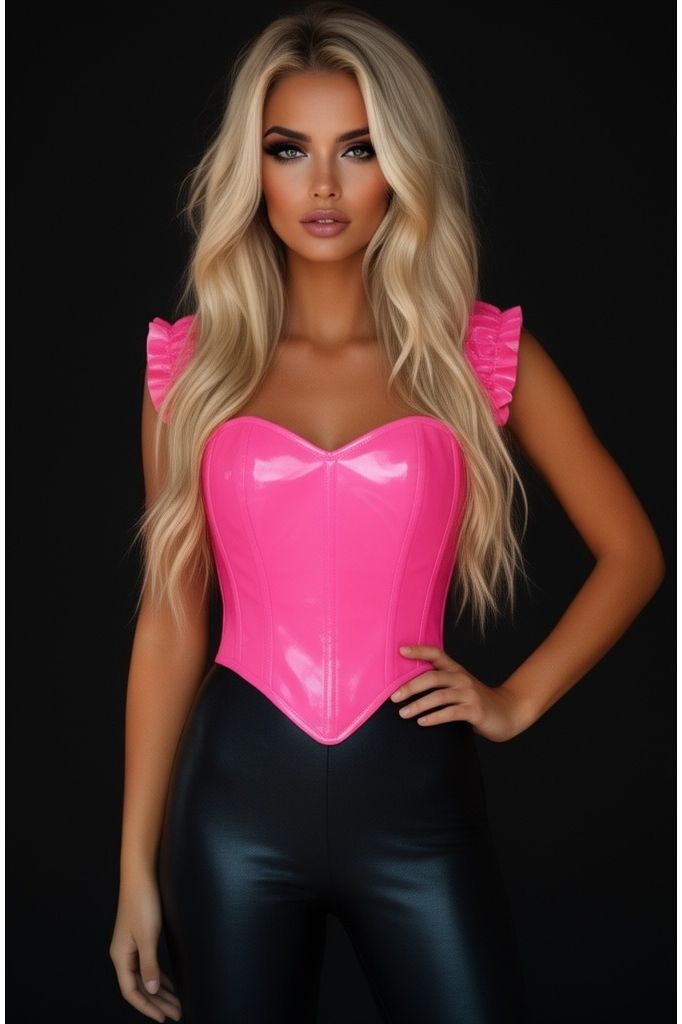 LIMITED EDITION Top Drawer Steel Boned Hot Pink Patent Ruffle Sleeve Bustier Corset (Size: Small)