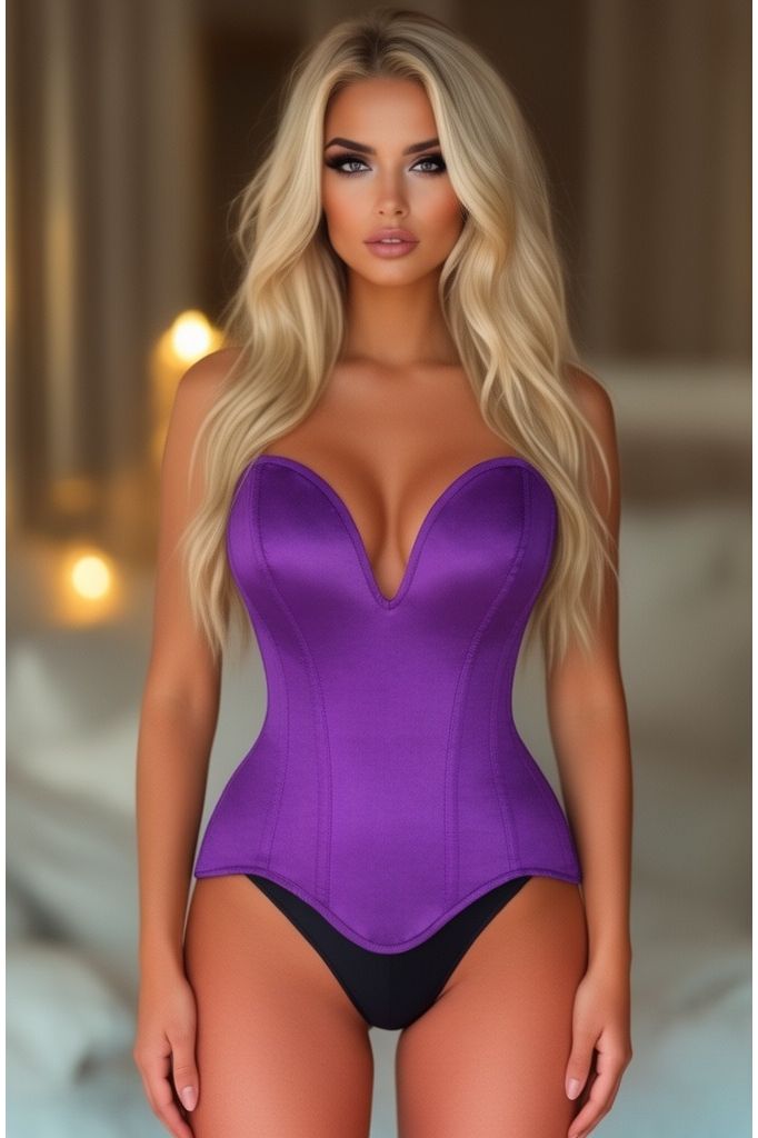 Top Drawer Steel Boned Purple Satin Plunge Neckline Overbust Corset (Size: XSmall)