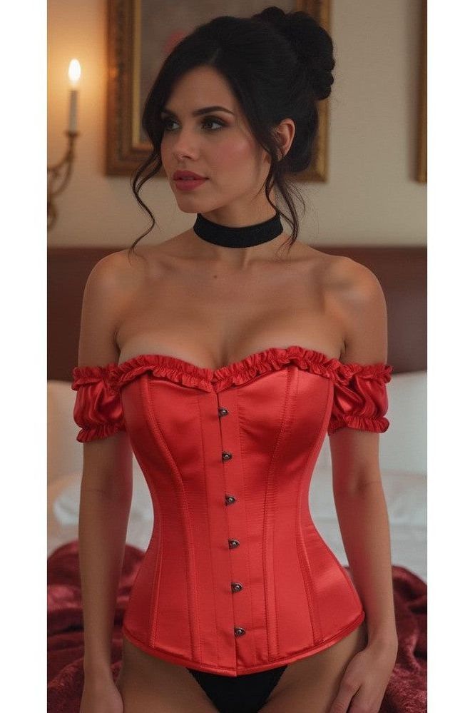 LIMITED EDITION Top Drawer Steel Boned Red Satin Overbust Corset w/Sleeves (Size: Small)