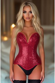 Top Drawer Steel Boned Red Sequin Plunge Neckline Overbust Corset (Size: XSmall)