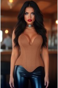 LIMITED EDITION Top Drawer Steel Boned Tan Suede Deep Plunge Overbust Corset Top (Size: XSmall)
