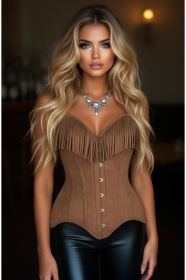LIMITED EDITION Top Drawer Tan Suede Steel Boned Overbust Corset w/Fringe (Size: XSmall)