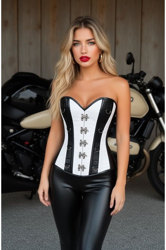 Top Drawer White Brocade & Faux Leather Steel Boned Corset (Size: Small)