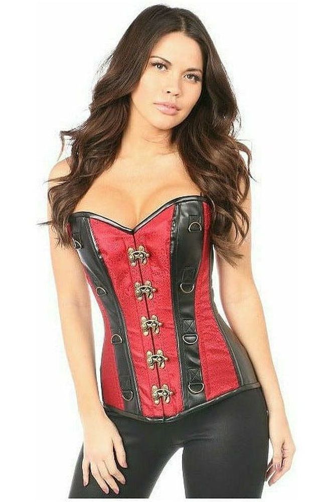 Top Drawer Wine Brocade & Faux Leather Steel Boned Corset (Size: Small)