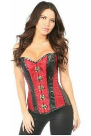 Top Drawer Wine Brocade & Faux Leather Steel Boned Corset (Size: Small)
