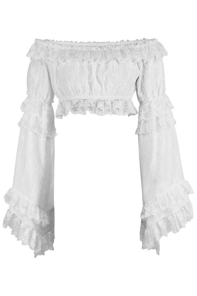 White Lace Smocked Flare Sleeve Peasant Top (Size: Regular)